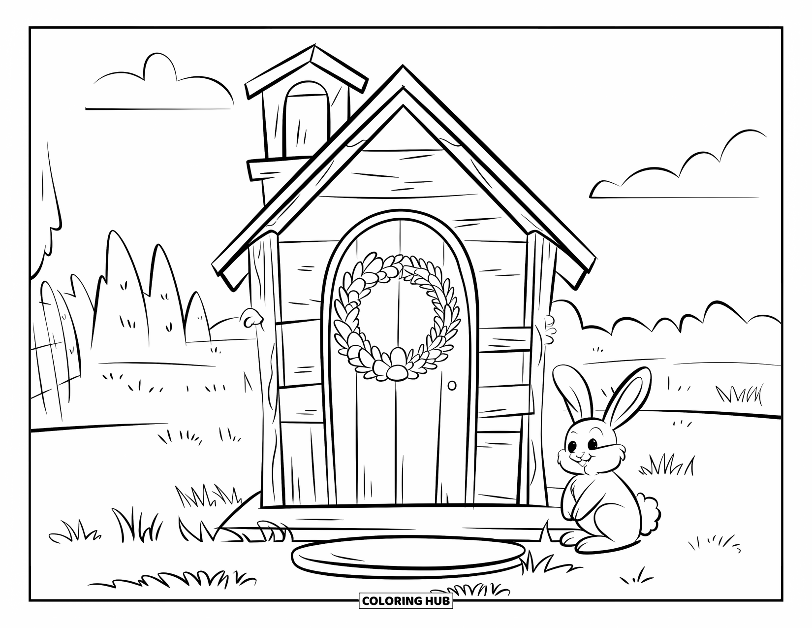 Kolorowanka Wielkanocna dla dzieci: Drewniany kościół z wieńcem wielkanocnym na drzwiach, położony w spokojnym krajobrazie z drzewami