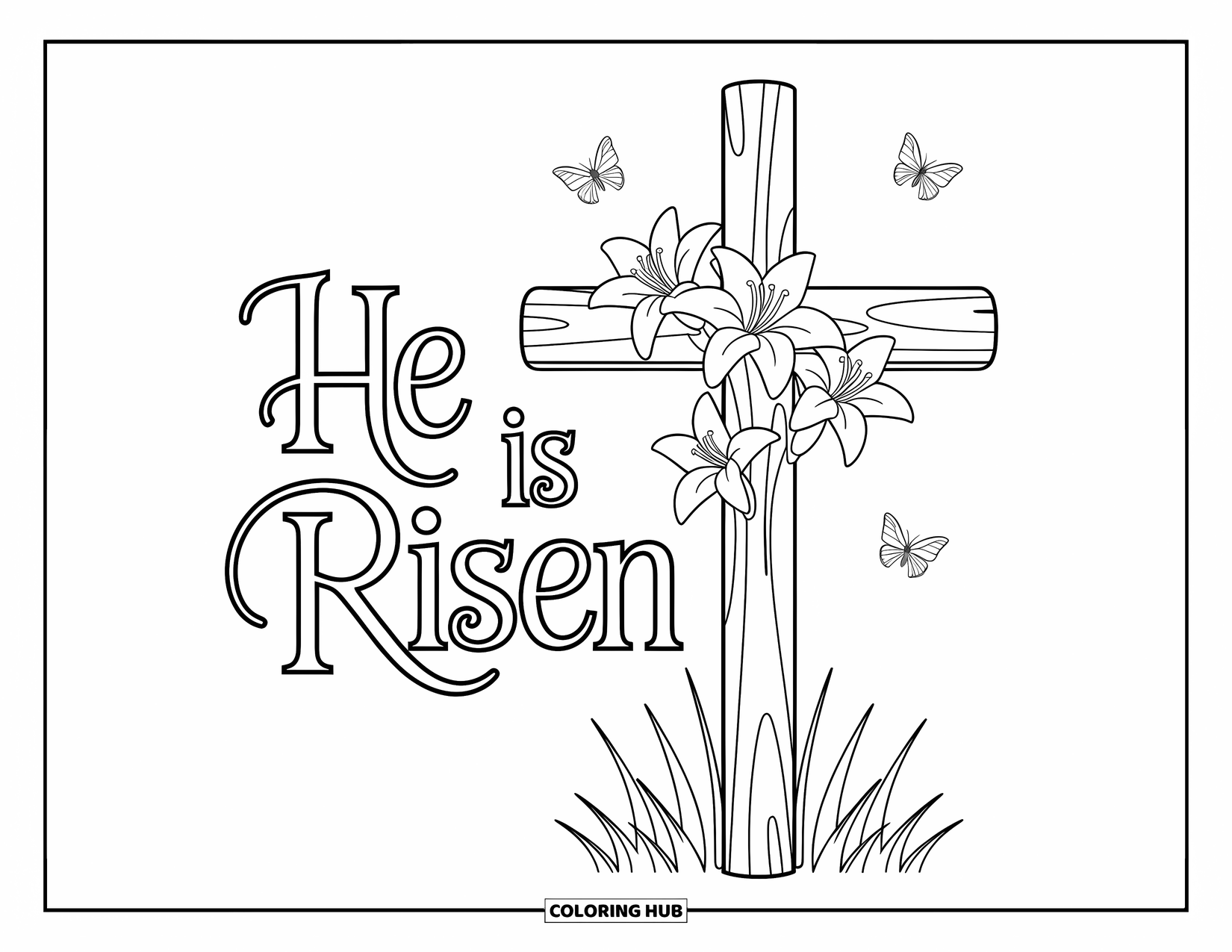 Kolorowanka Wielkanocna dla dzieci: Drewniany krzyż otoczony liliami wielkanocnymi, z motylami tańczącymi wokół słów "He is Risen"