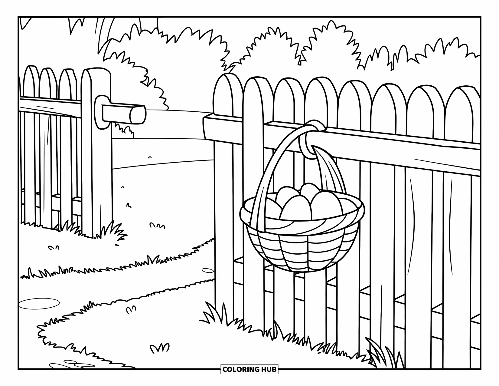 Kolorowanka wielkanocna dla dzieci: Drewniany płot z koszykiem jajek, trawiasty ogródek i kręta ścieżka prowadząca w pobliżu