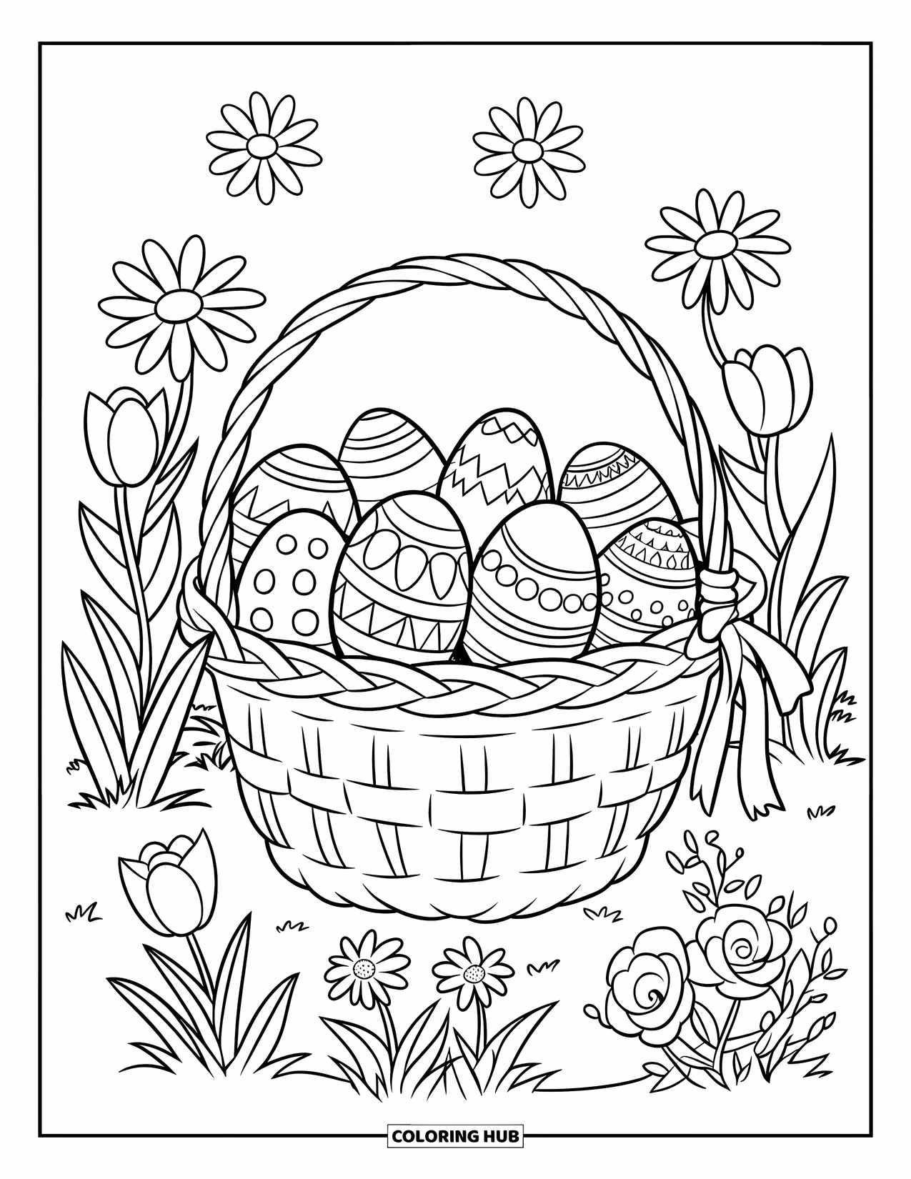 Kolorowanka Wielkanocna dla dzieci: Koszyk wielkanocny wypełniony ozdobionymi jajkami leży w ogrodzie otoczonym tulipanami i różami