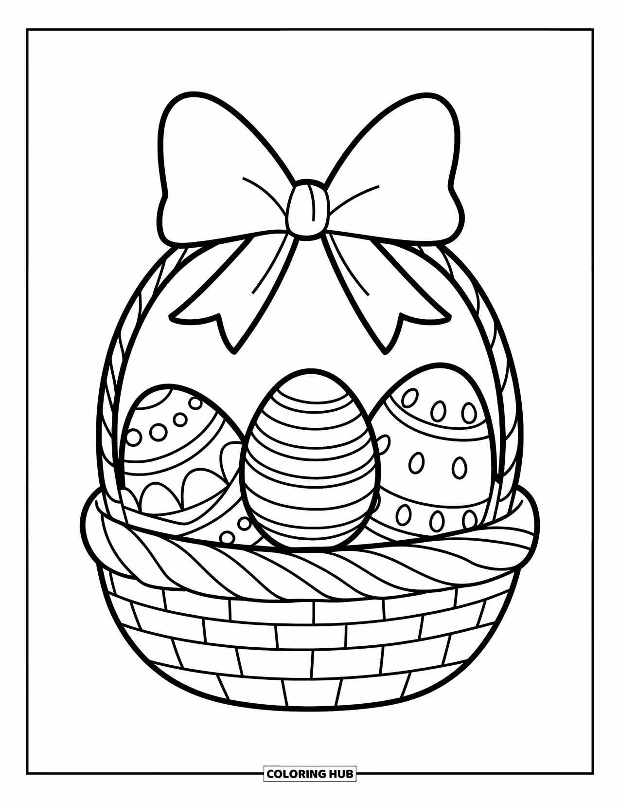 Kolorowanka Wielkanocna dla dzieci: Koszyk wielkanocny z dużą kokardą trzyma ozdobione jajka na prostym tle