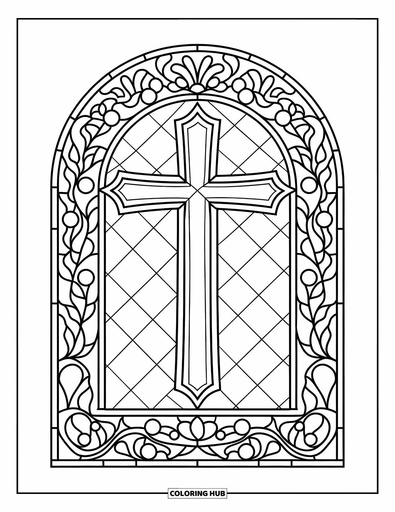 Kolorowanka Wielkanocna dla dzieci: Krzyż wielkanocny w stylu witrażu, oprawiony szczegółowymi wzorami kwiatowymi z wyraźnymi, grubymi konturami