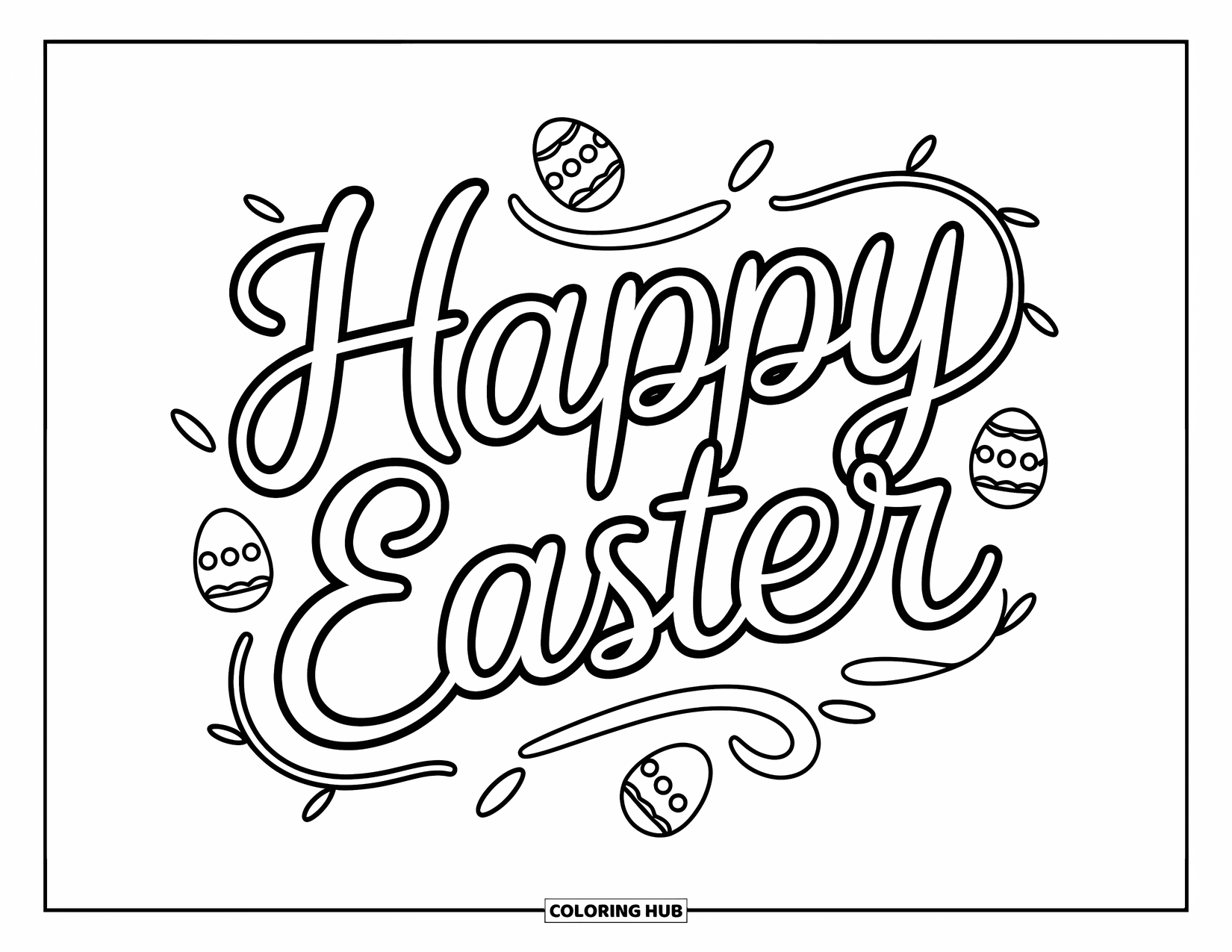 Kolorowanka wielkanocna dla dzieci: Elegancki napis "Wesołych Świąt Wielkanocnych" otoczony wirującymi pnączami i delikatnymi ukrytymi jajkami wielkanocnymi