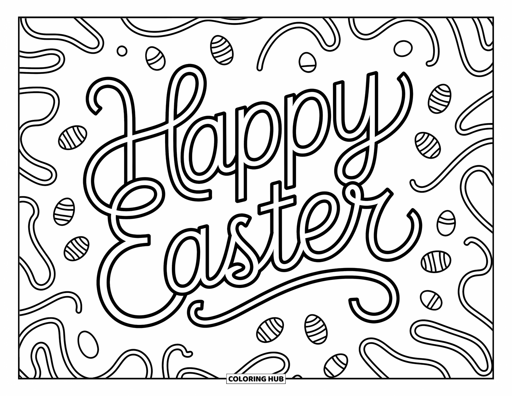 Kolorowanka Wielkanocna dla dzieci: "Happy Easter" eleganckim pismem wiruje po stronie, otoczone pnączami i ukrytymi jajkami wielkanocnymi