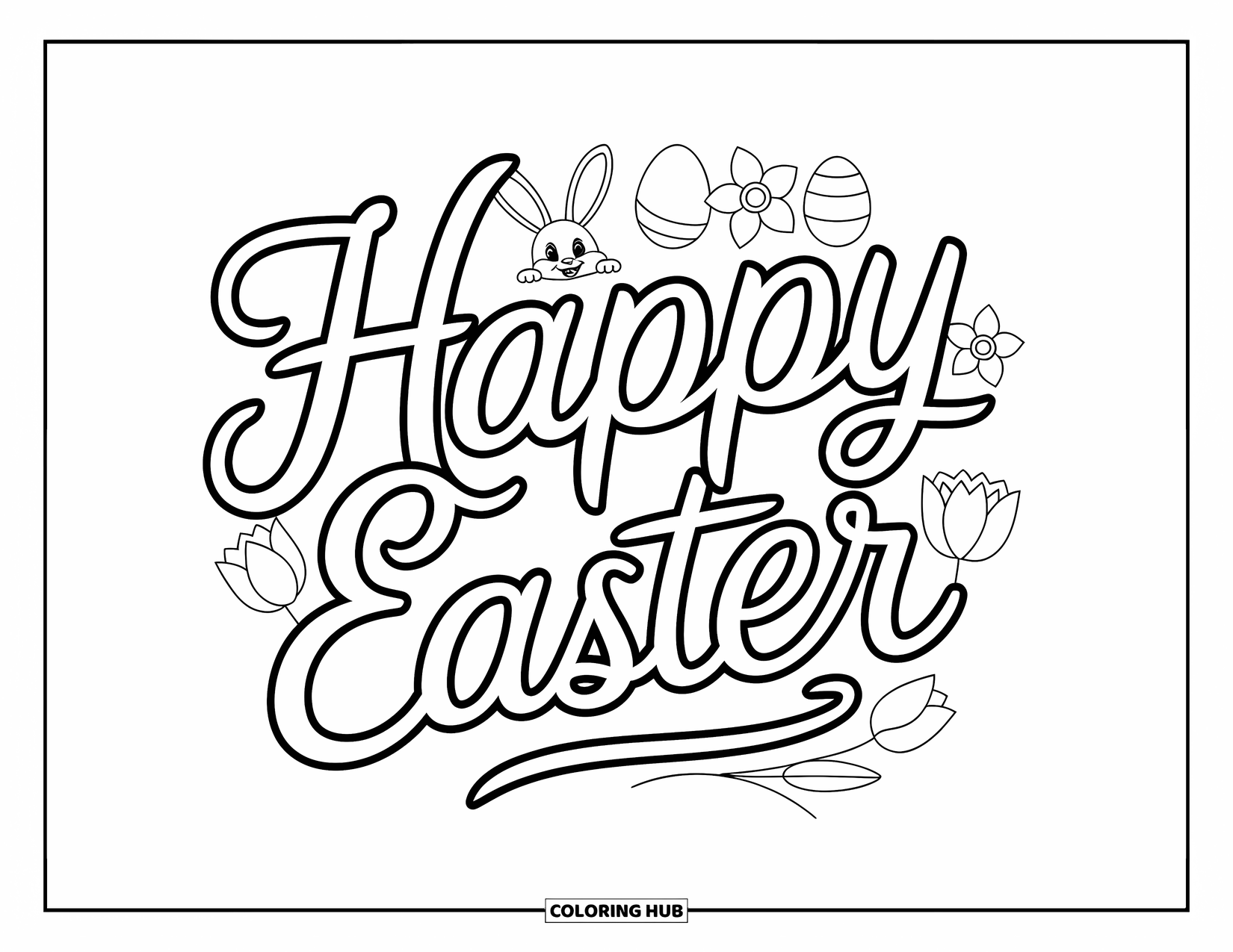 Kolorowanka Wielkanocna dla dzieci: "Happy Easter" wdzięcznym pismem, otoczone delikatnymi tulipanami, jajkami wielkanocnymi i ciekawskim króliczkiem