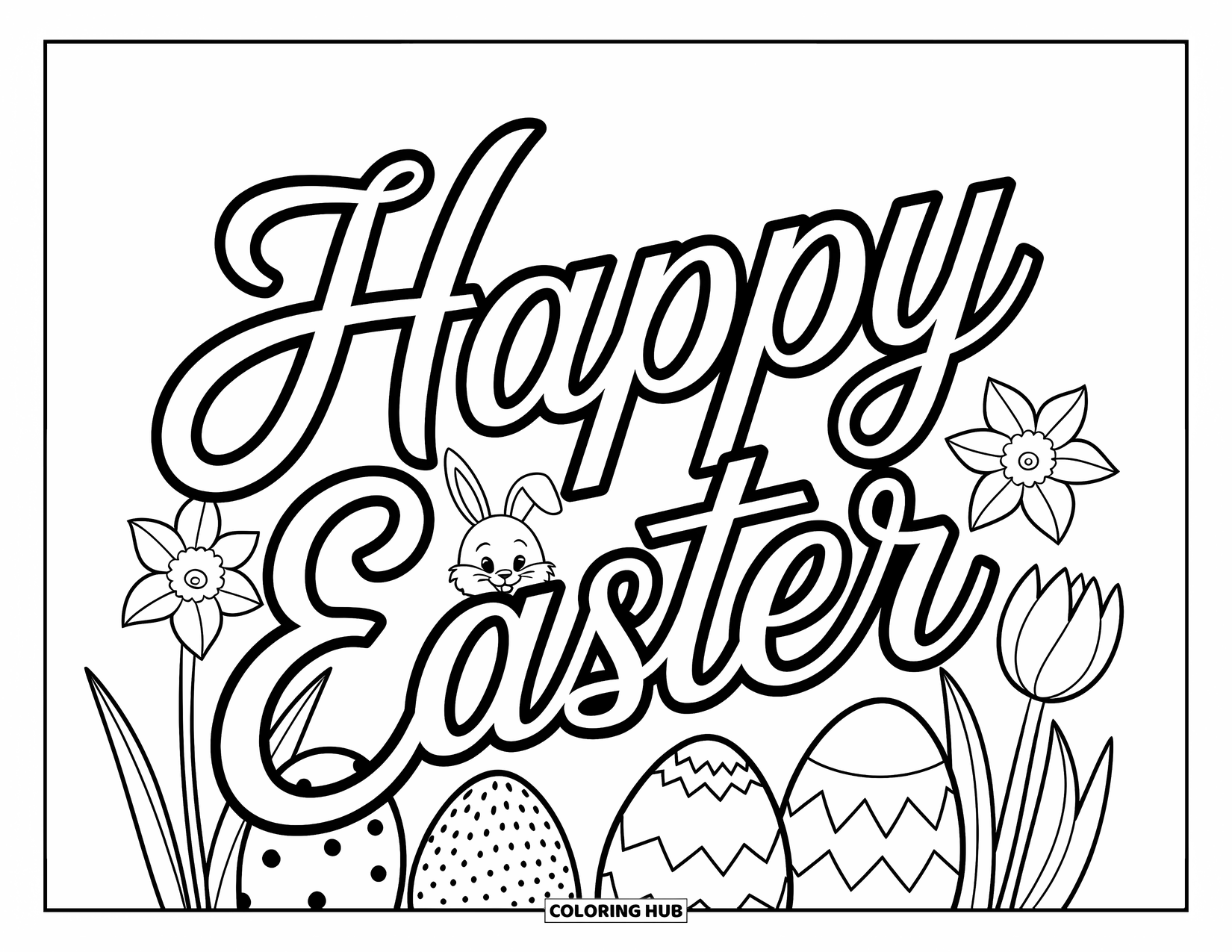Kolorowanka Wielkanocna dla dzieci: "Happy Easter" napisane płynnym pismem, oprawione jajkami wielkanocnymi, żonkilami, tulipanami i figlarnym króliczkiem