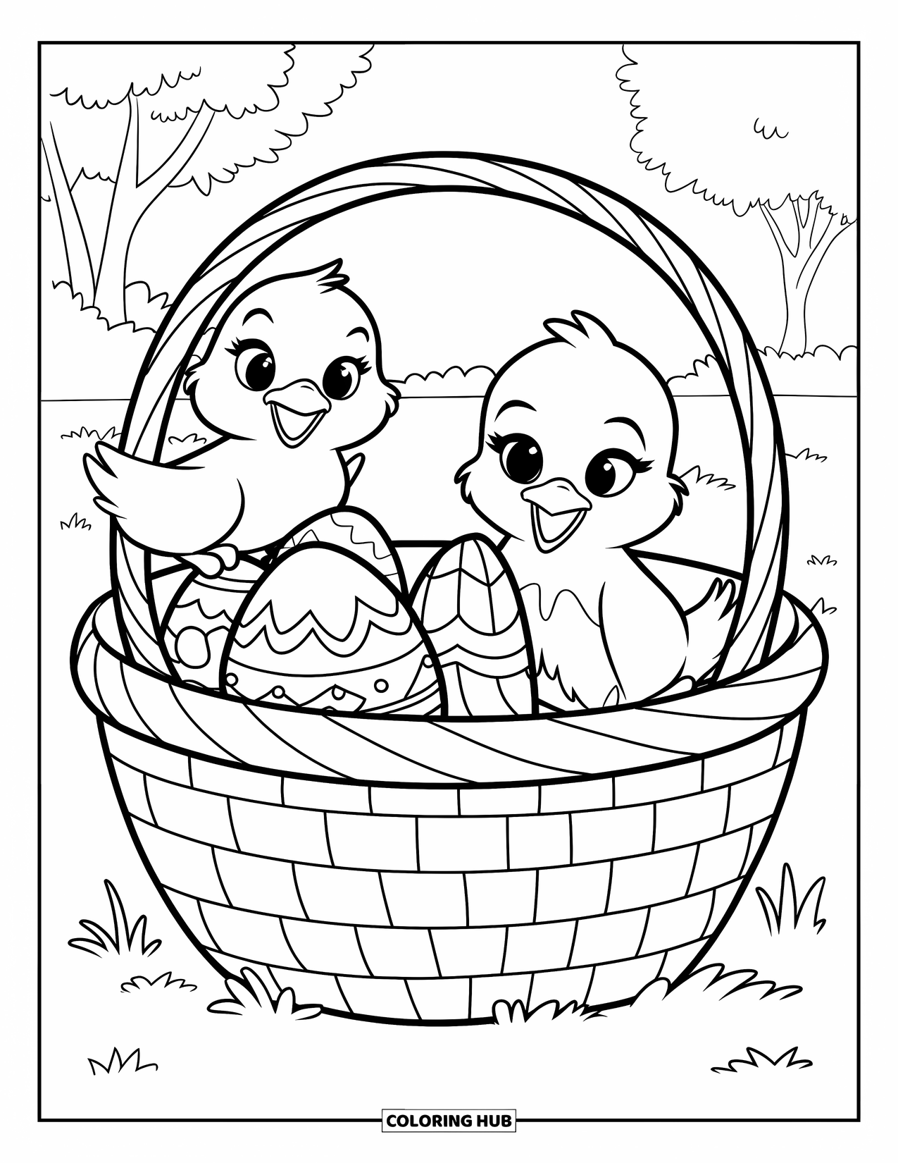 Kolorowanka wielkanocna dla dzieci: Dwa figlarne kurczaczki siedzą w dużym koszyku wielkanocnym wypełnionym jajkami, a jeden wygląda znad krawędzi