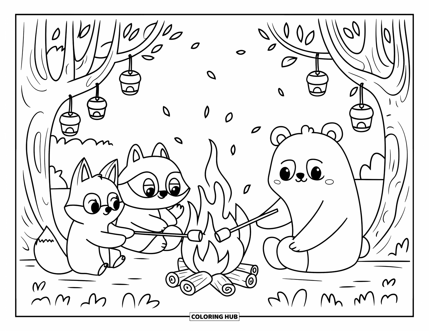 Herfst Kleurplaat voor Volwassenen: Een beer, wasbeer en vos verzamelen zich rond een vuur, lantaarns gloeien in de nabijgelegen bomen