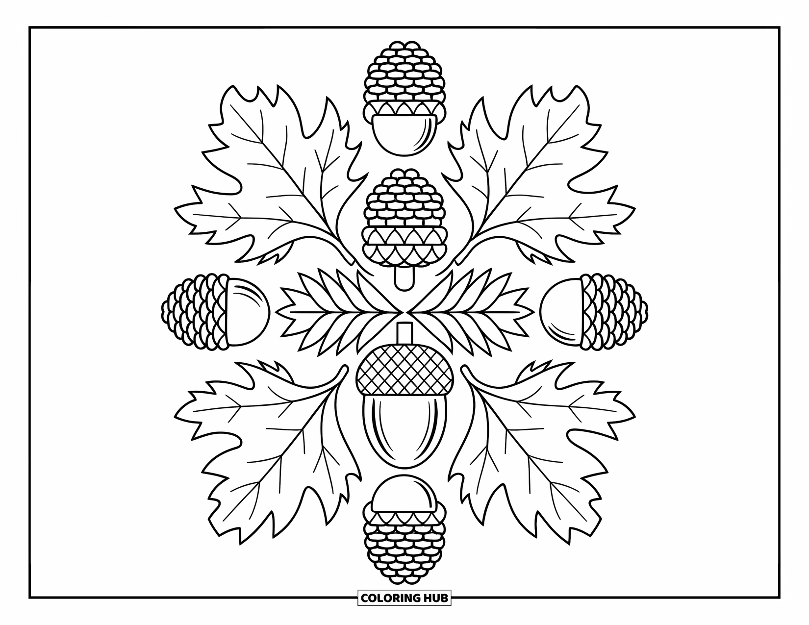 Herfst Kleurplaat voor Volwassenen: Een prachtig gedetailleerd cirkelvormig patroon van eikels, dennenappels en wervelende bladeren