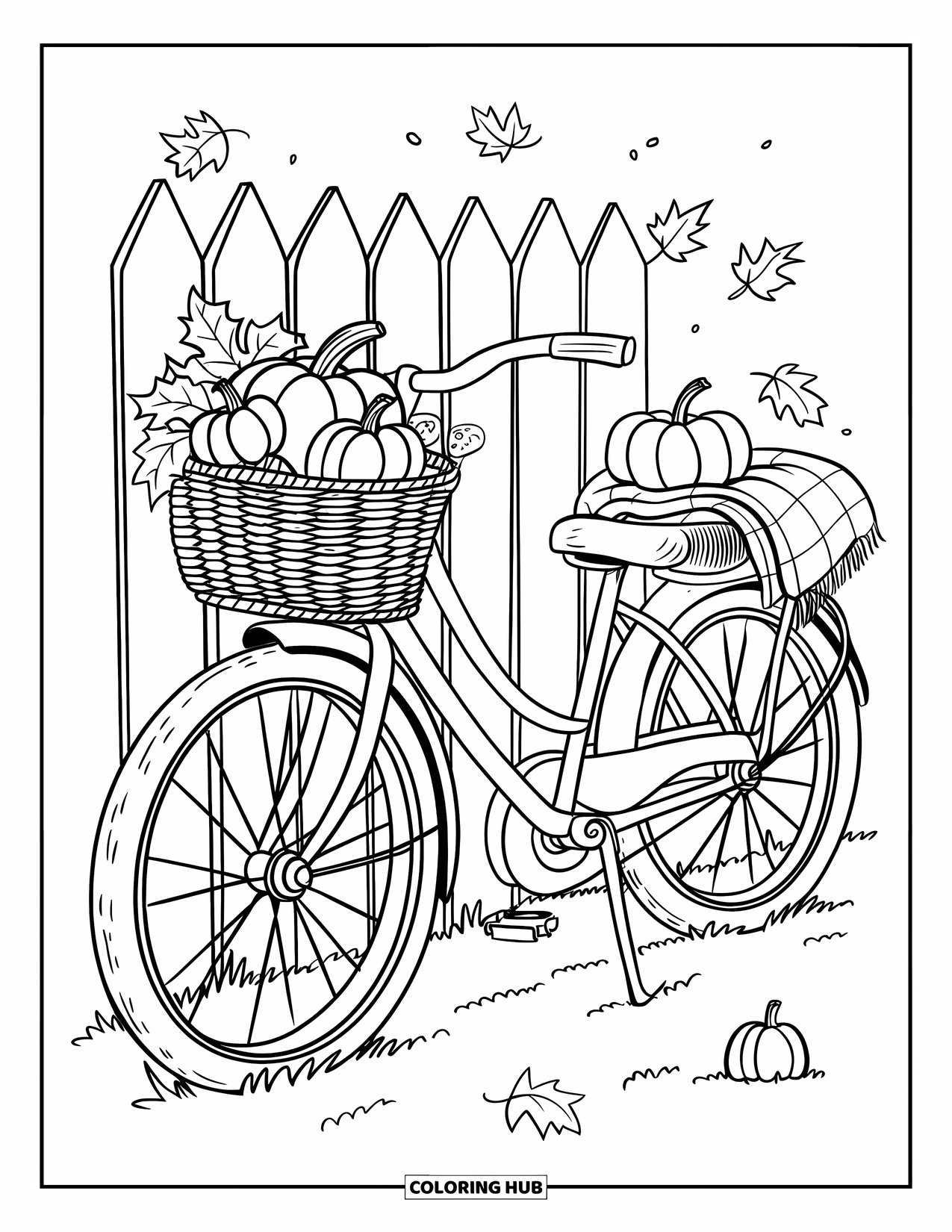 Herfst Kleurplaat voor Volwassenen: Een fiets met een mand vol herfstlekkernijen rust tegen een rustiek houten hek