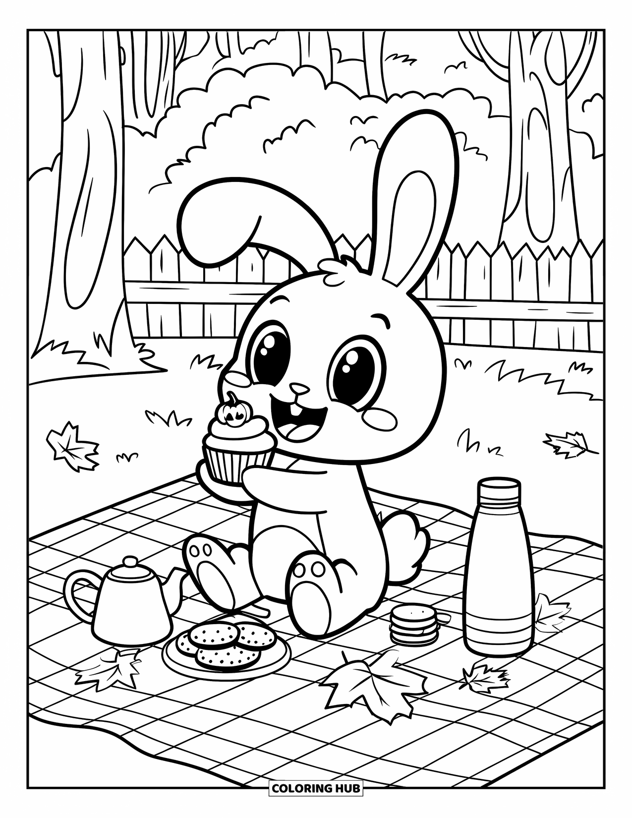 Herfst Kleurplaat voor Volwassenen: Een konijn geniet van een herfstpicknick, omringd door warme dranken en verspreide herfstbladeren
