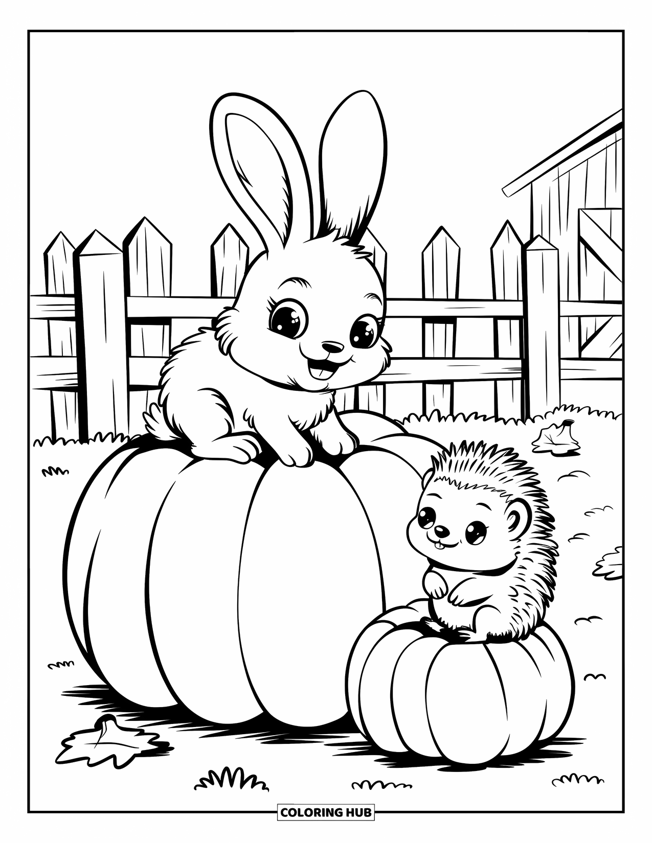 Herfst Kleurplaat voor Volwassenen: Een konijntje zit op een pompoen terwijl een egel in de buurt zit, genietend van de herfstdag