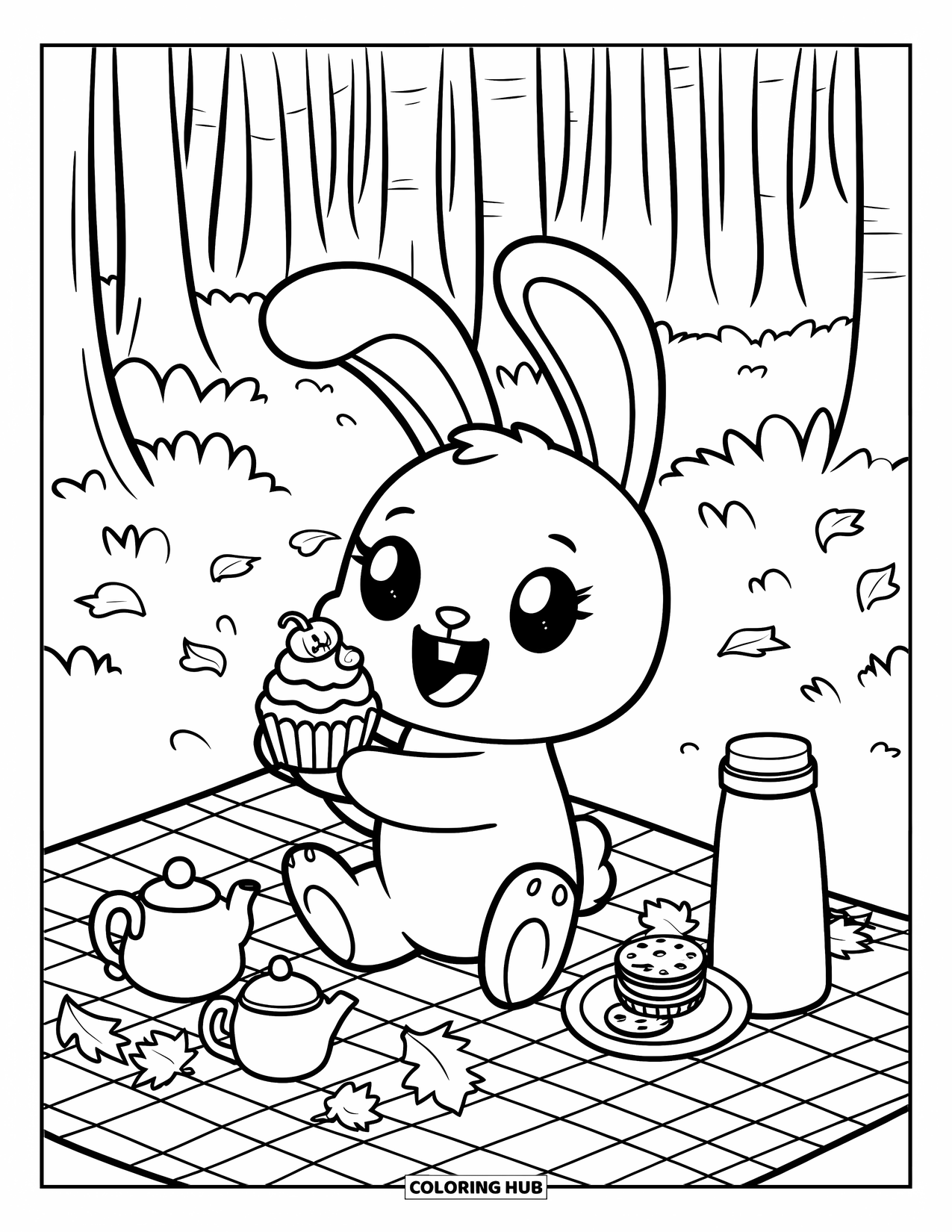 Herfst Kleurplaat voor Volwassenen: Een konijn zit op een geruite deken en houdt een cupcake vast met een kleine pompoen erop