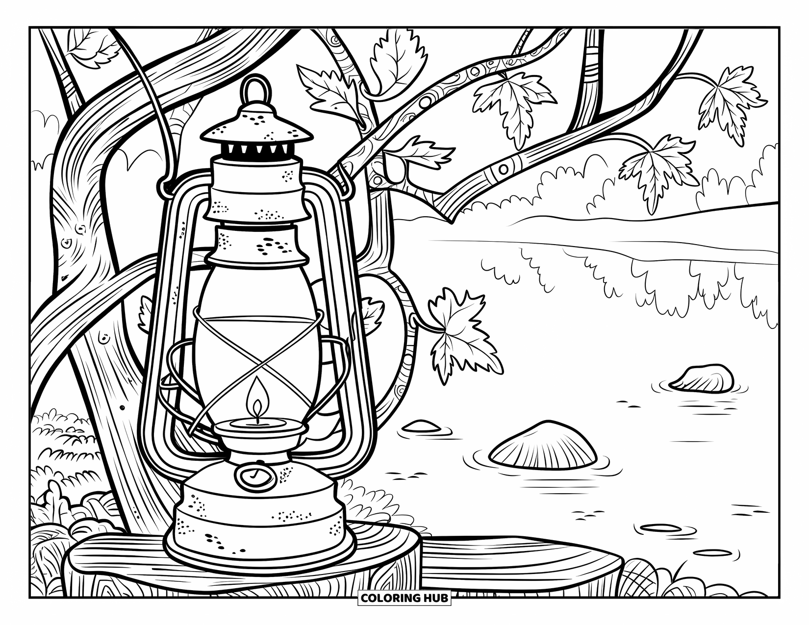 Herfst Kleurplaat voor Volwassenen: Een charmante lantaarn gloeit zachtjes, omringd door krullende takken en herfstbladeren