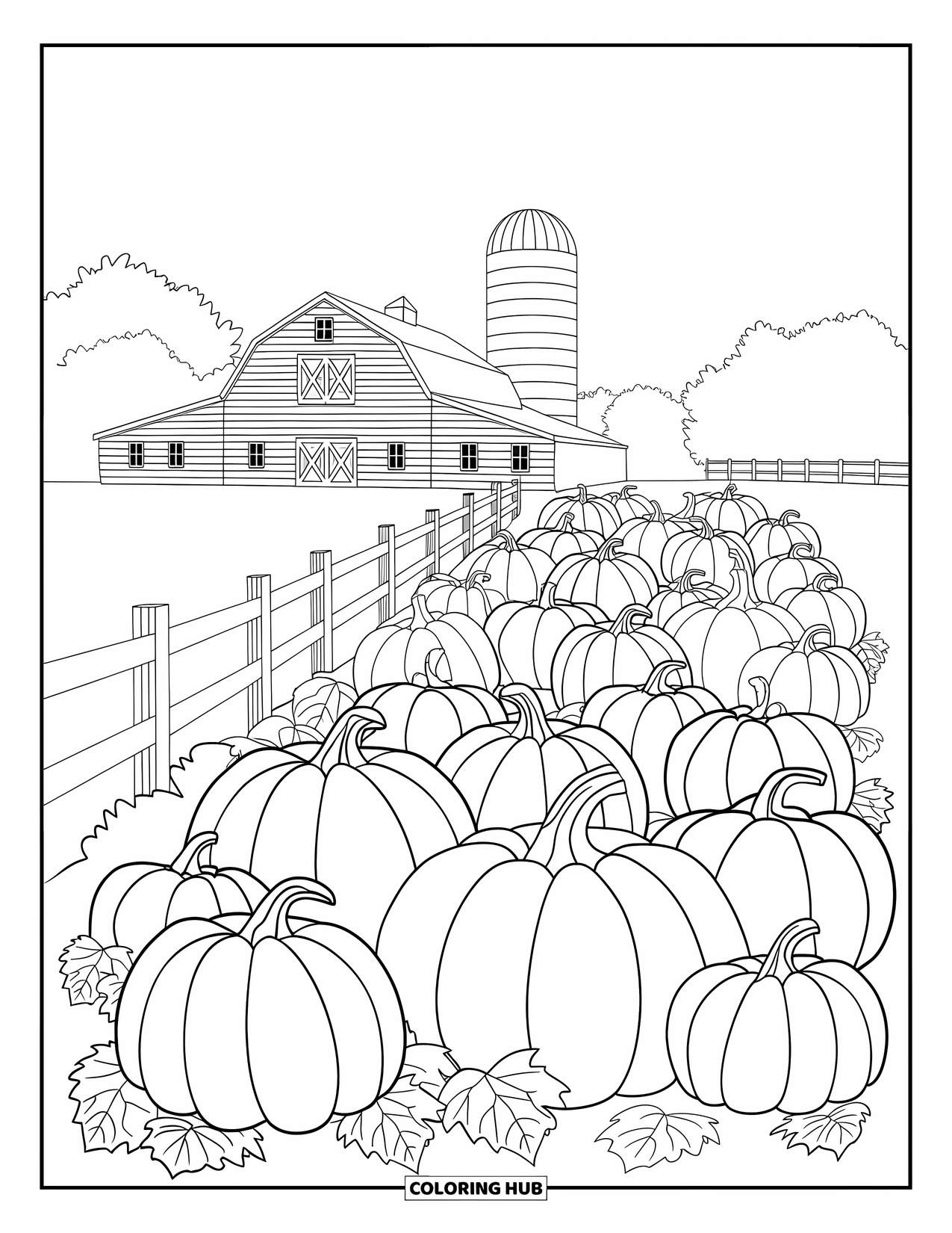 Herfst Kleurplaat voor Volwassenen: Een charmant pompoenveld met een verweerde schuur en silo op de achtergrond