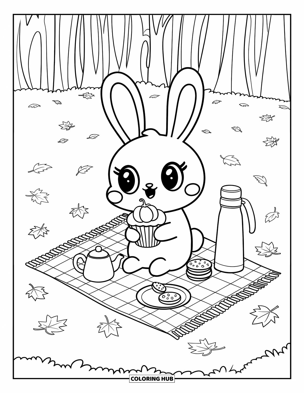 Herfst Kleurplaat voor Volwassenen: Een vrolijk konijn houdt een feestelijke cupcake vast terwijl hij op een gezellige picknickdeken zit