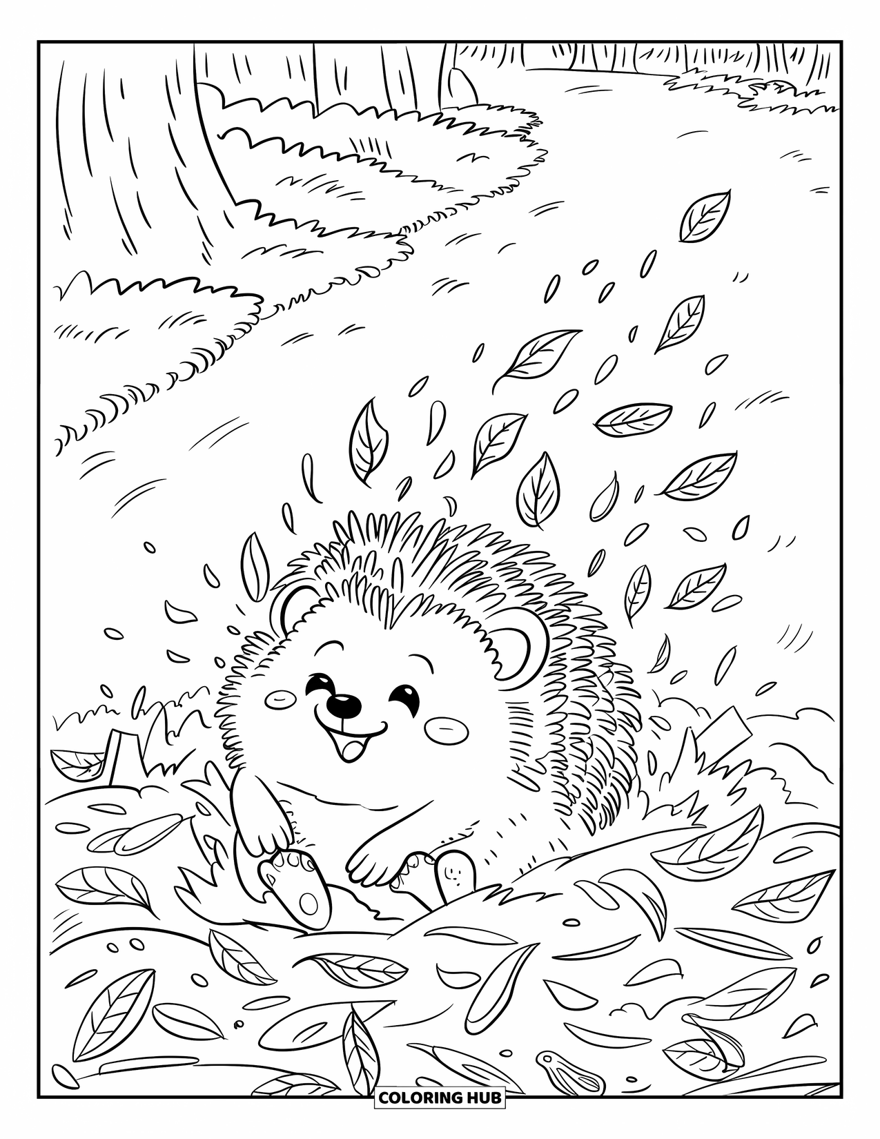 Herfst Kleurplaat voor Volwassenen: Een vrolijke egel rolt in herfstbladeren en geniet van de frisse, winderige dag