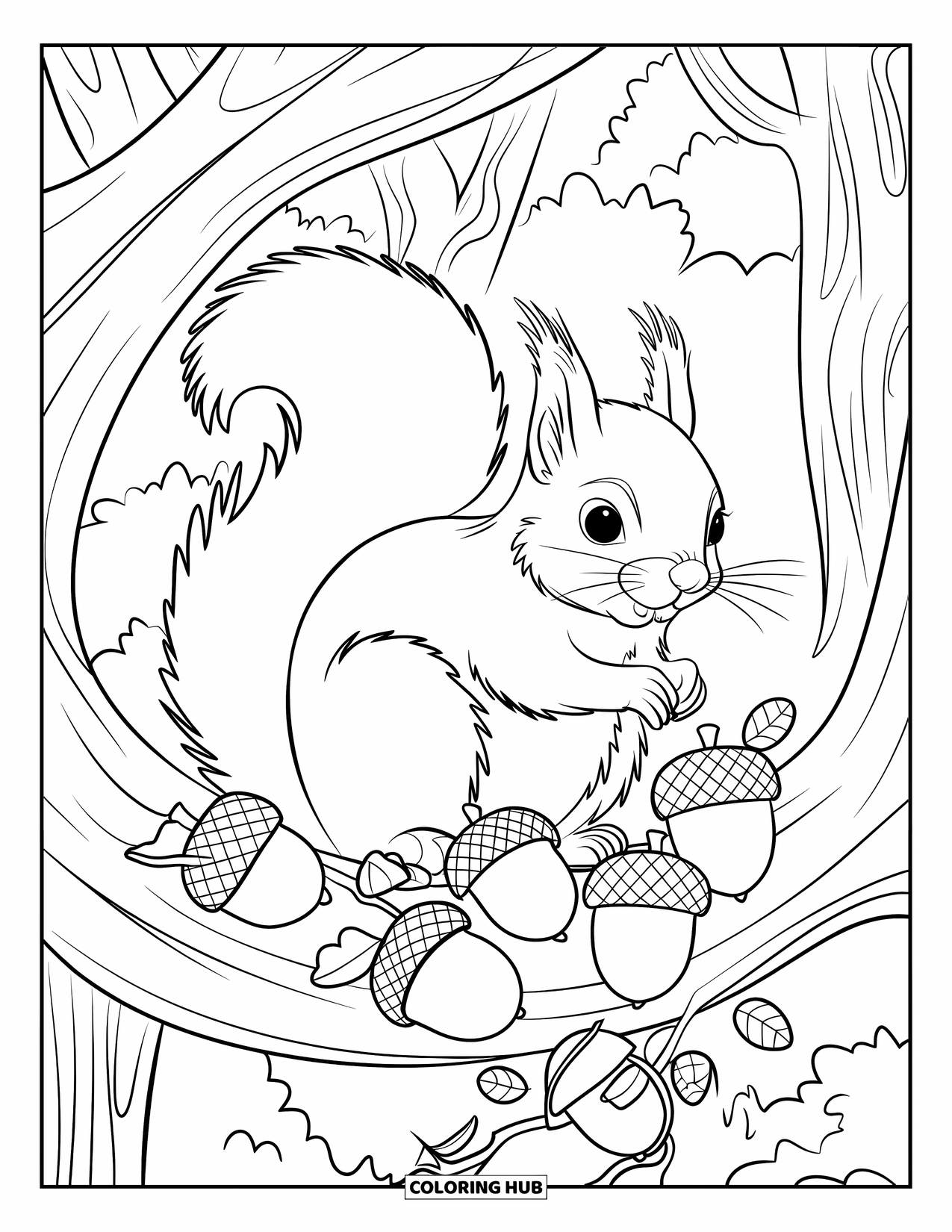 Herfst Kleurplaat voor Volwassenen: Een vrolijke eekhoorn zit op een tak, met eikels en wervelende wijnranken die de scène omlijsten