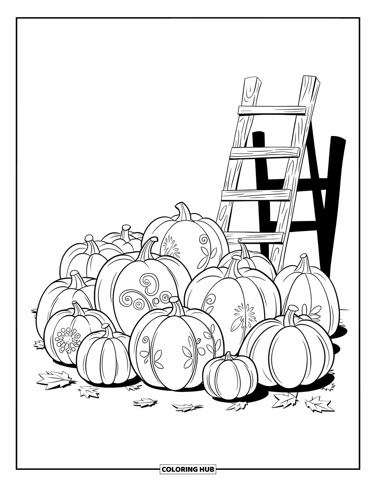 Herfst Kleurplaat voor Volwassenen: Een verzameling pompoenen met bloemmotieven staat op een rustieke houten display