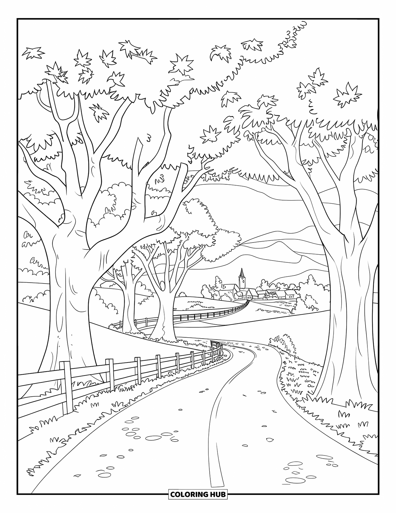 Herfst Kleurplaat voor Volwassenen: Een landweg slingert tussen bomen door, leidend naar een dorp met roodgedakte huizen
