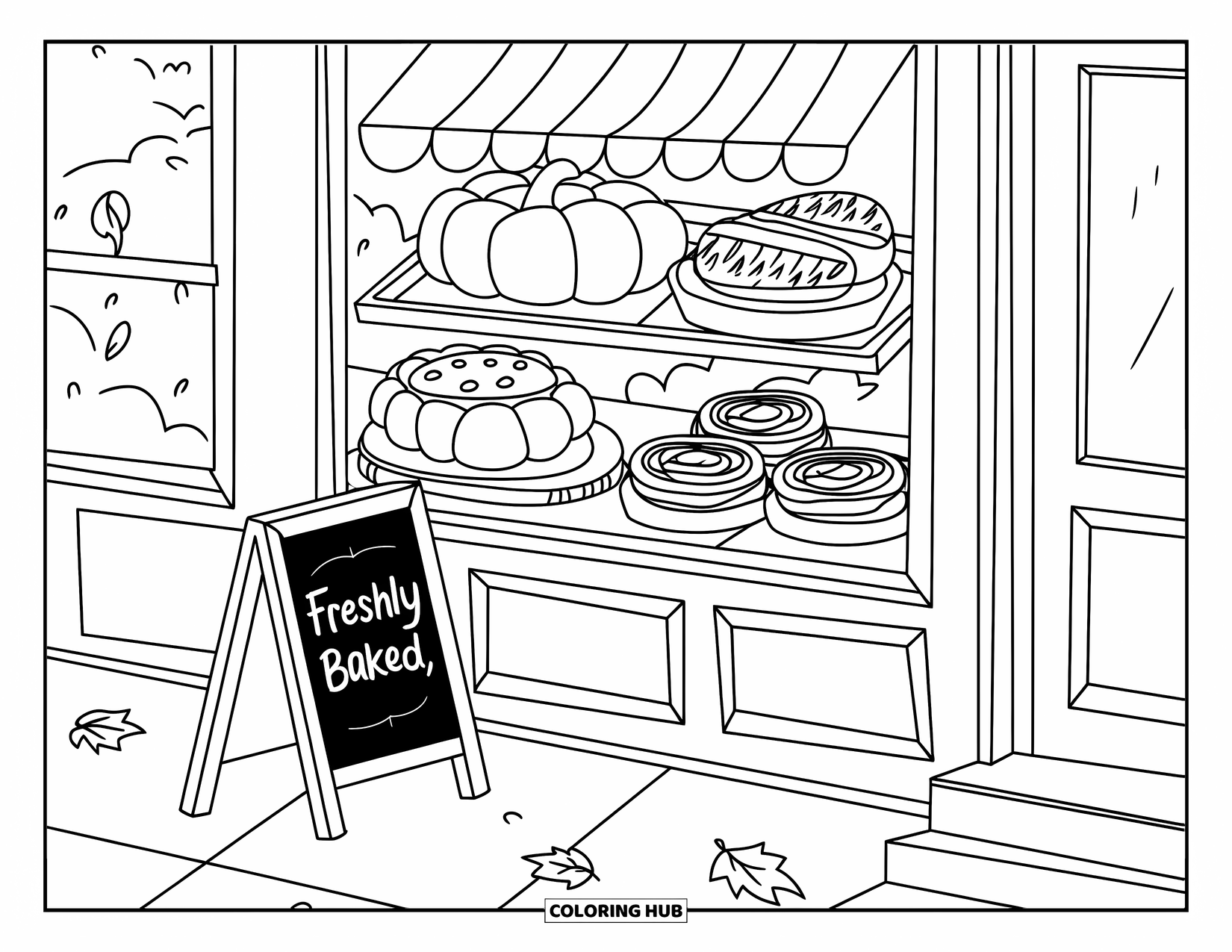 Herfst Kleurplaat voor Volwassenen: Een gezellig bakkerijraam toont pompoenbrood, appeltaartjes en kaneelbroodjes