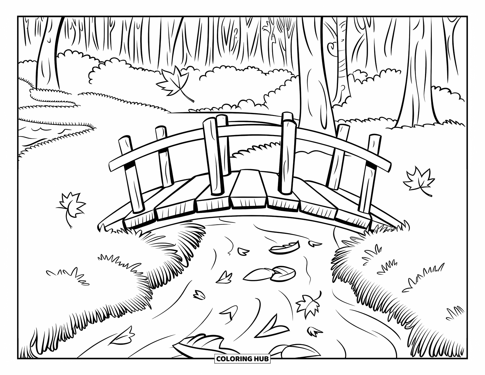 Herfst Kleurplaat voor Volwassenen: Een gezellige brug met een leuning staat boven een rotsachtige beek, omlijst door hoge herfstbomen