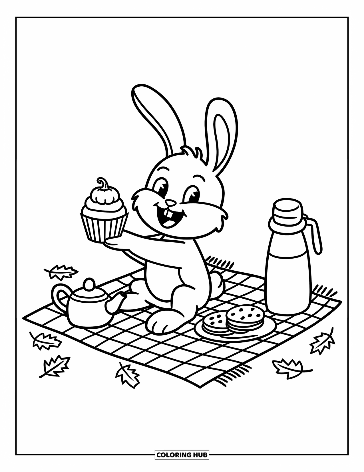 Herfst Kleurplaat voor Volwassenen: Een gezellig konijntje geniet van een picknick met koekjes, een theepot en herfstbladeren eromheen