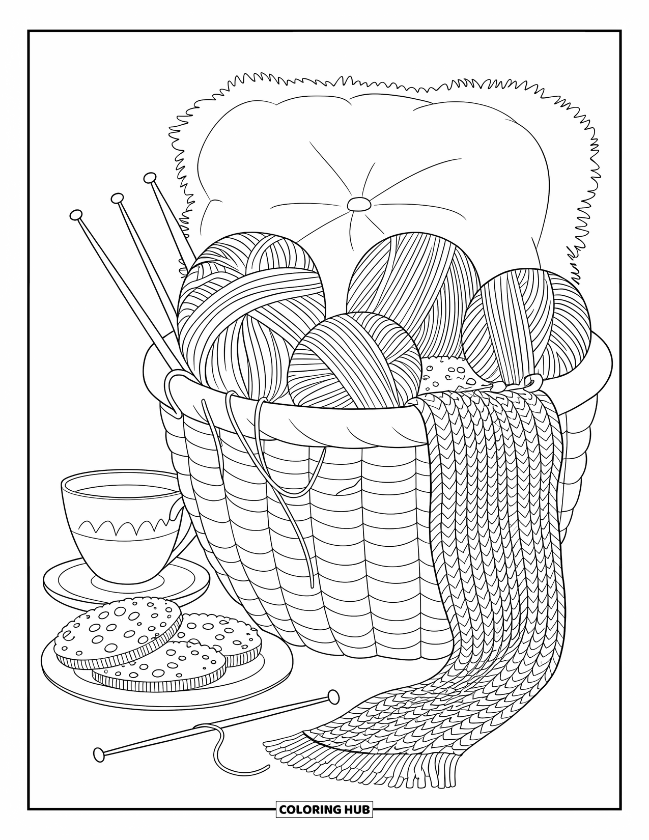 Herfst Kleurplaat voor Volwassenen: Een gezellige breihoek met een mand wol, naalden en een stomende kop thee