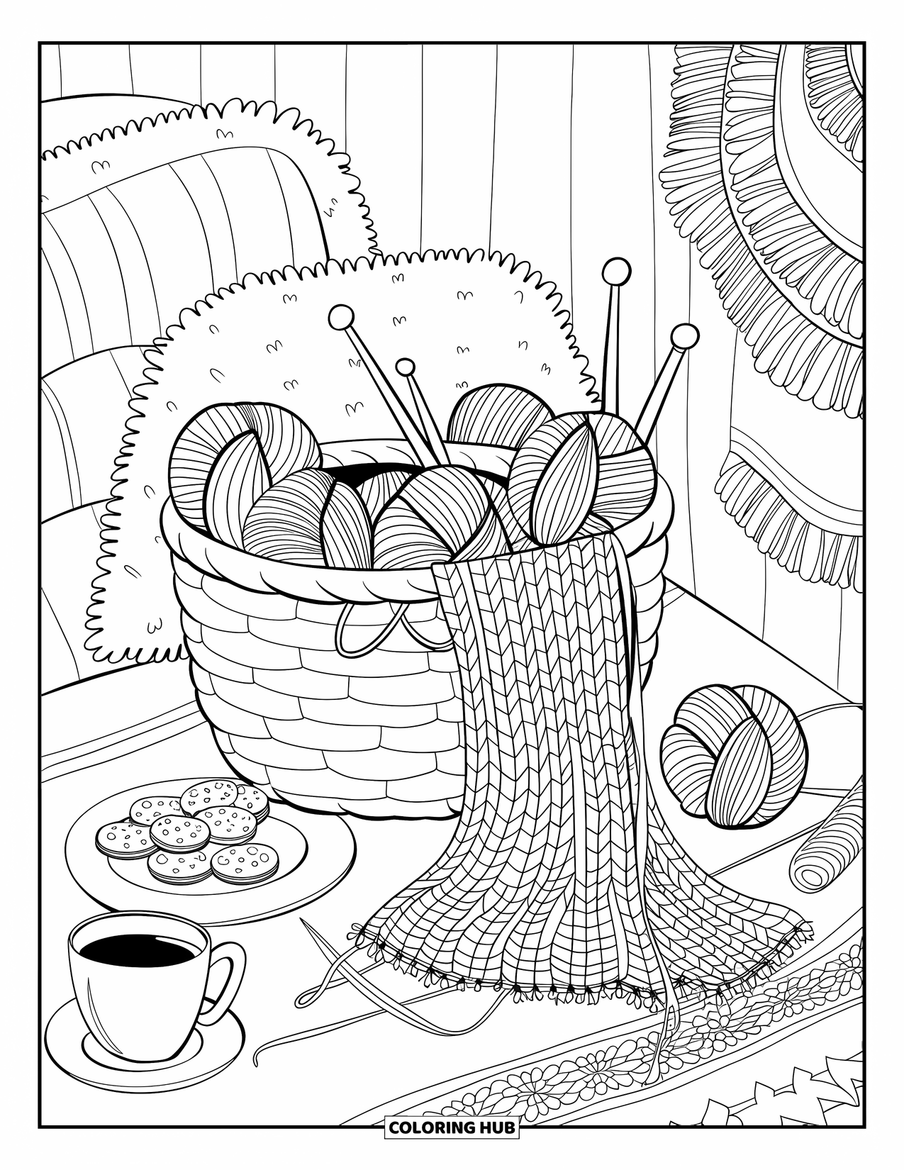 Herfst Kleurplaat voor Volwassenen: Een gezellige brei-opstelling met kleurrijk garen, een theekopje en een comfortabel kussen in de buurt