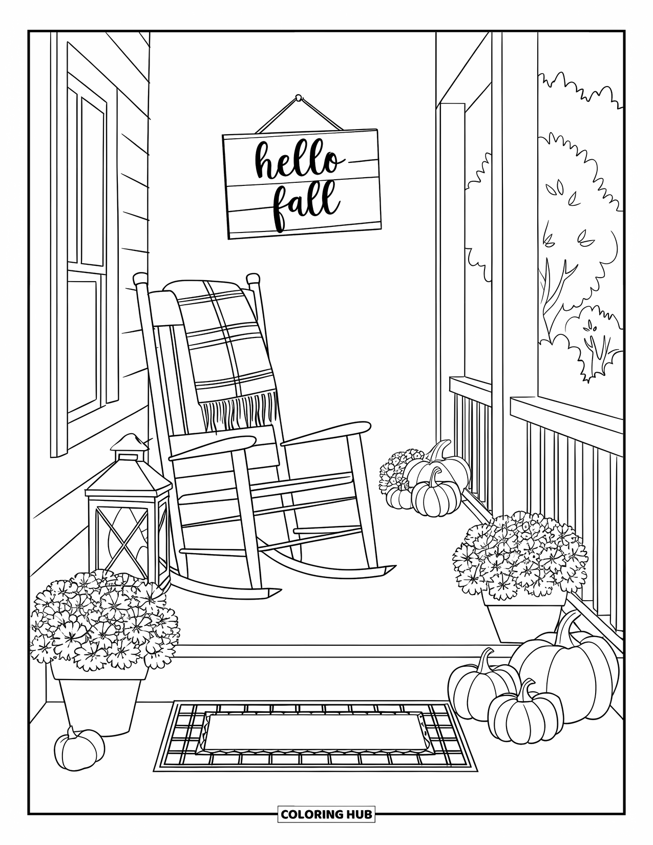 Herfst Kleurplaat voor Volwassenen: Een gezellige veranda met een schommelstoel, lantaarn en feestelijke herfstdecoraties