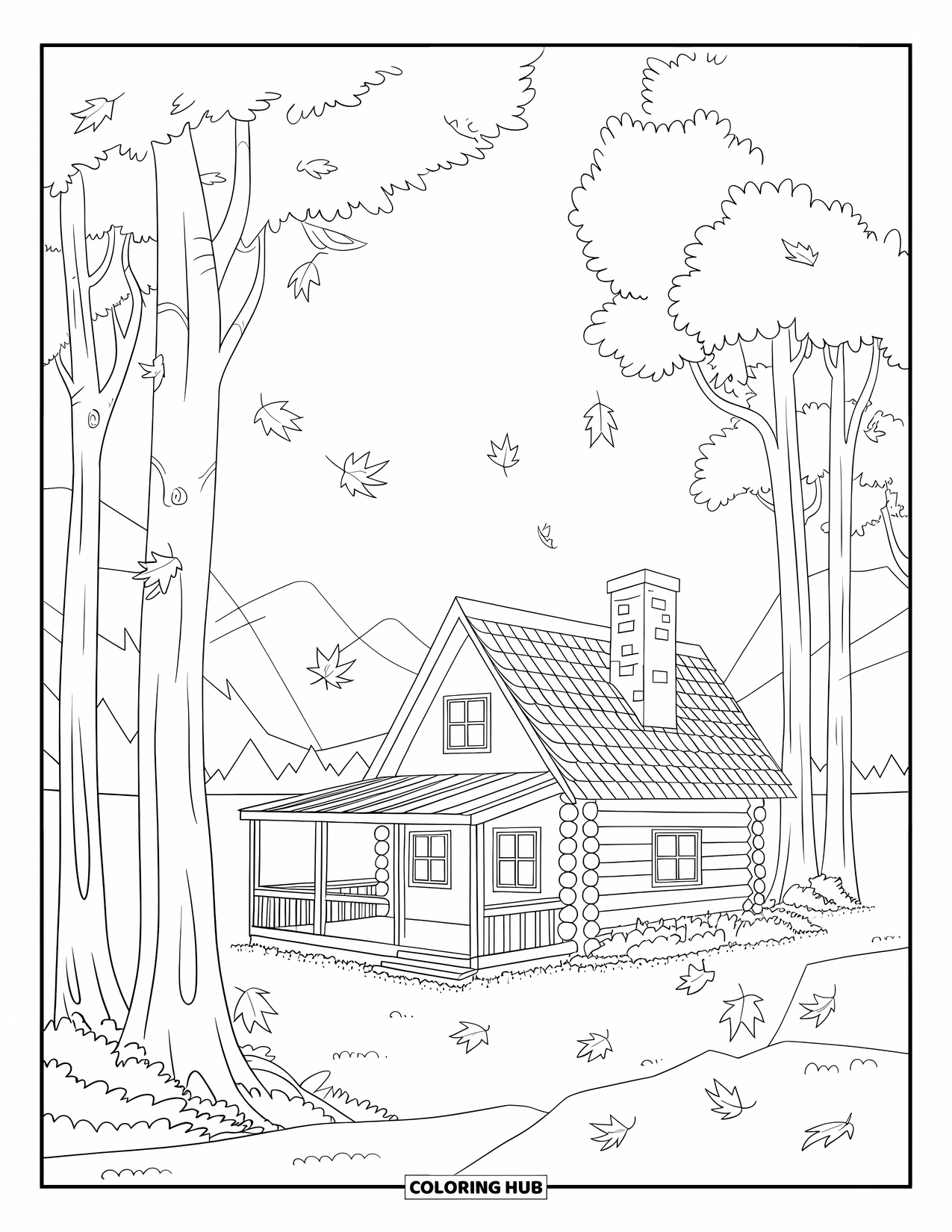 Herfst Kleurplaat voor Volwassenen: Een gezellige houten hut staat in het bos, met hoge bomen en vallende herfstbladeren