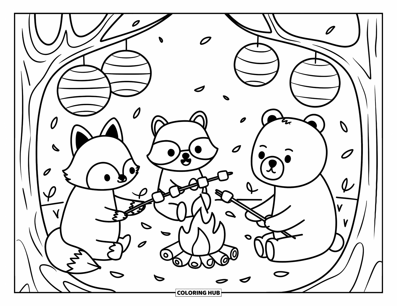 Herfst Kleurplaat voor Volwassenen: Een gezellig boskampvuur waar drie dierenvrienden marshmallows roosteren en verhalen delen