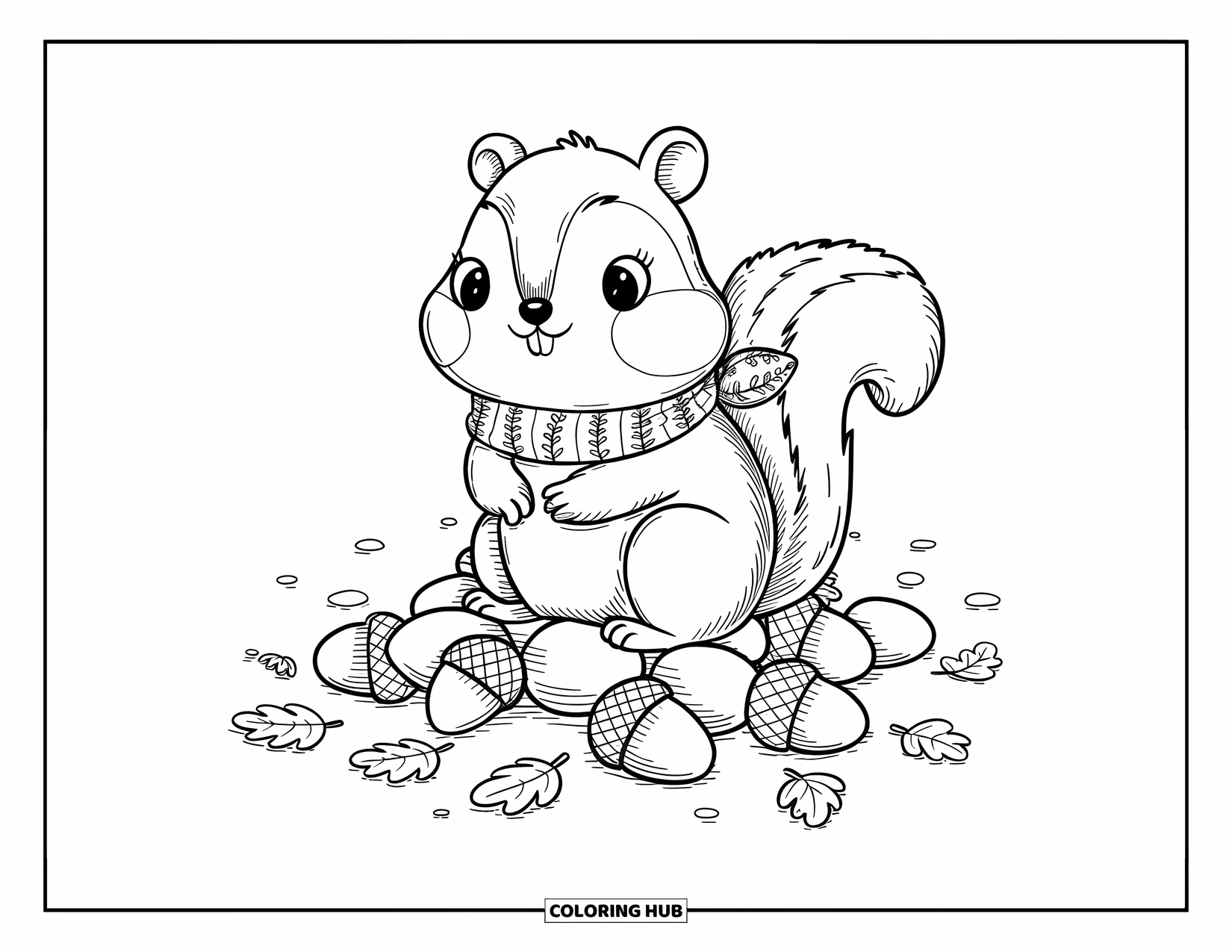 Herfst Kleurplaat voor Volwassenen: Een schattige chipmunk met bolle wangen zit op een stapel eikels, een bladerrijke sjaal dragend