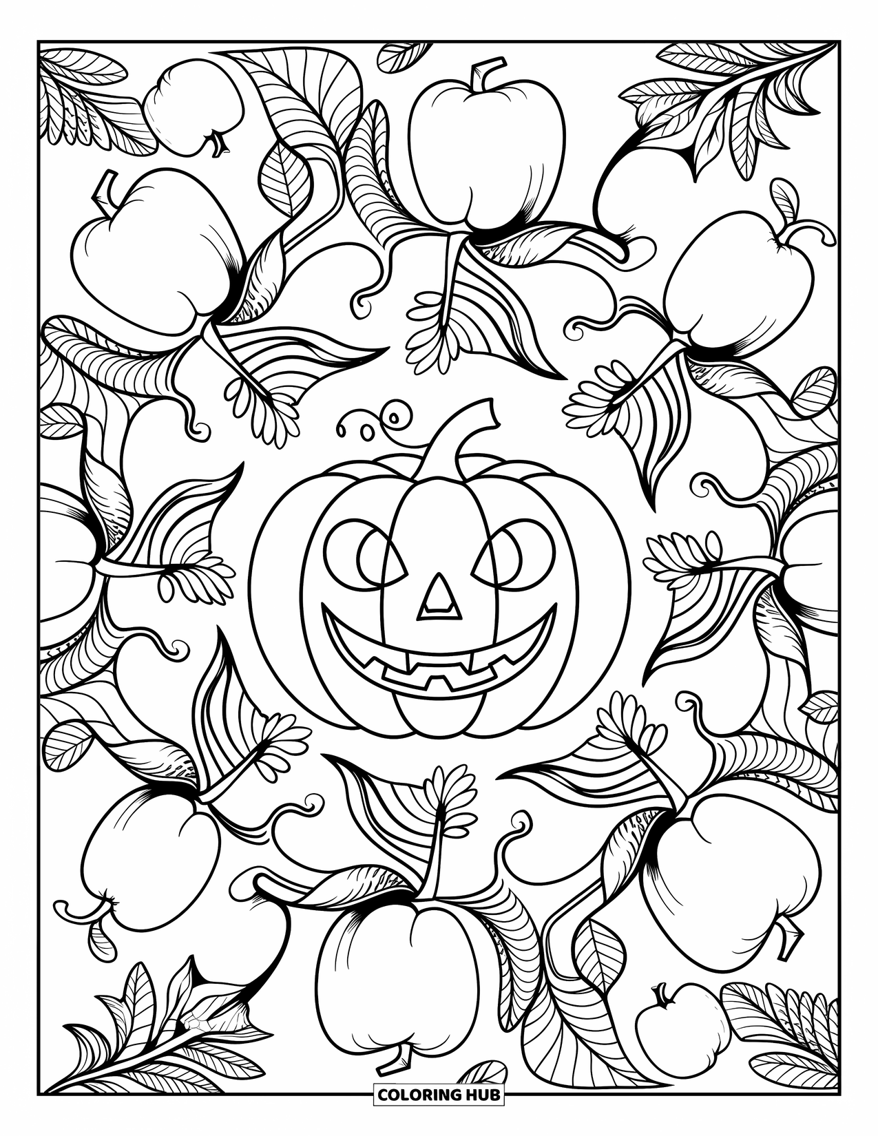 Herfst Kleurplaat voor Volwassenen: Een decoratieve mandala met pompoenen, appels en een spiraal van vallende bladeren