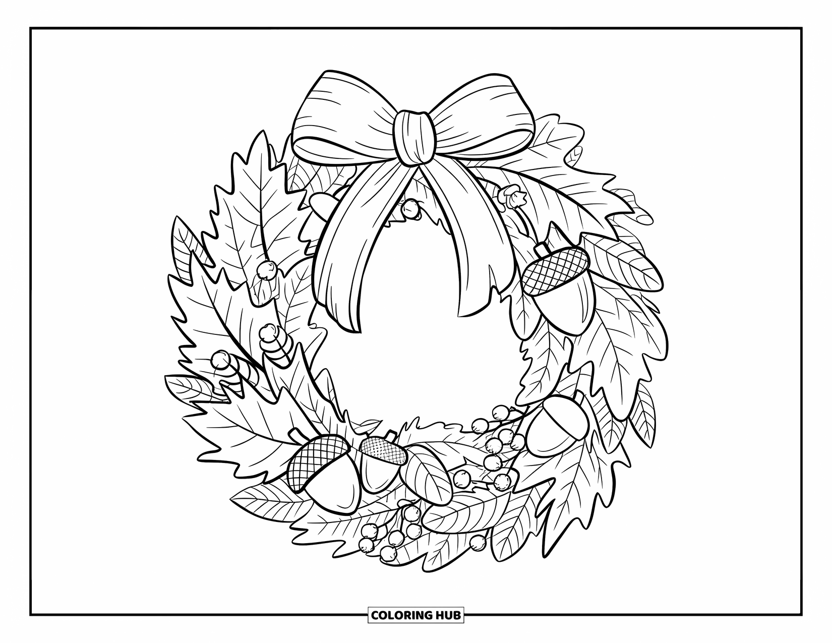 Herfst Kleurplaat voor Volwassenen: Een delicate krans van herfstbladeren, eikels en dennenappels, vastgebonden met een gezellig lint