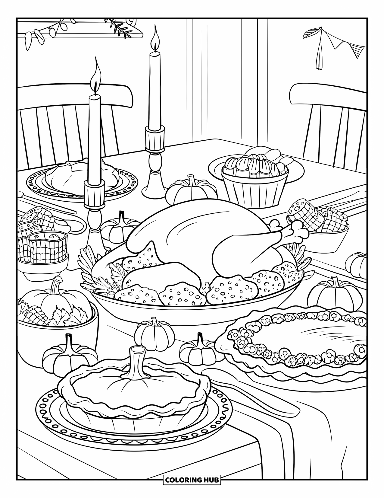 Herfst Kleurplaat voor Volwassenen: Een heerlijk feestmaal met maisbrood, pompoentaart en een gloeiende kaars