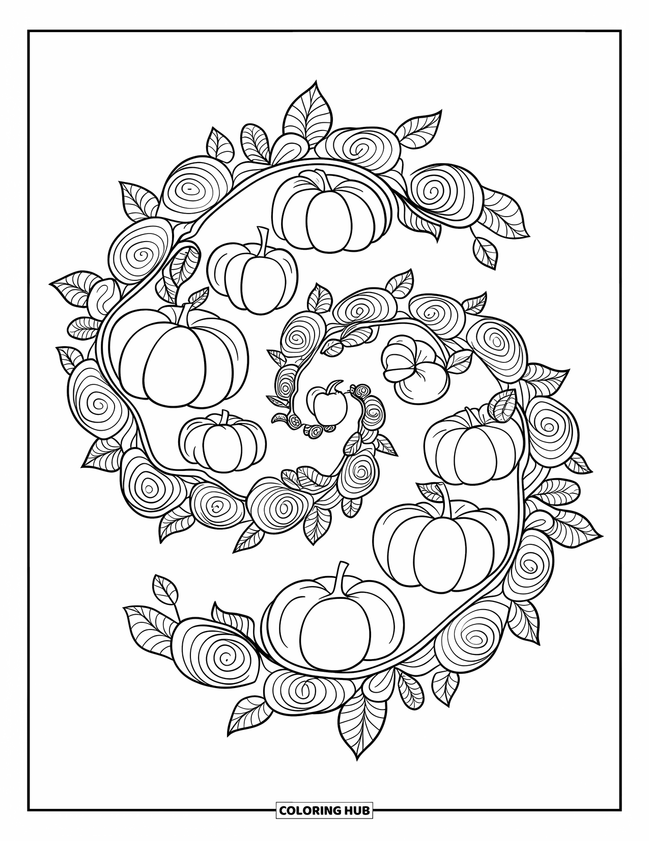 Herfst Kleurplaat voor Volwassenen: Een gedetailleerde herfstmandala gecentreerd rond een pompoen, omringd door wervelende patronen