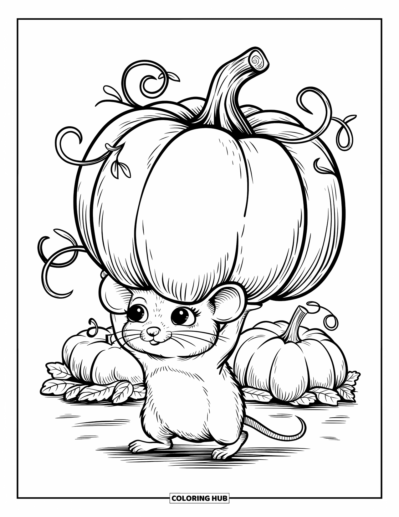 Herfst Kleurplaat voor Volwassenen: Een vastberaden muis wankelt onder het gewicht van een pompoen, met ranken die eromheen krullen