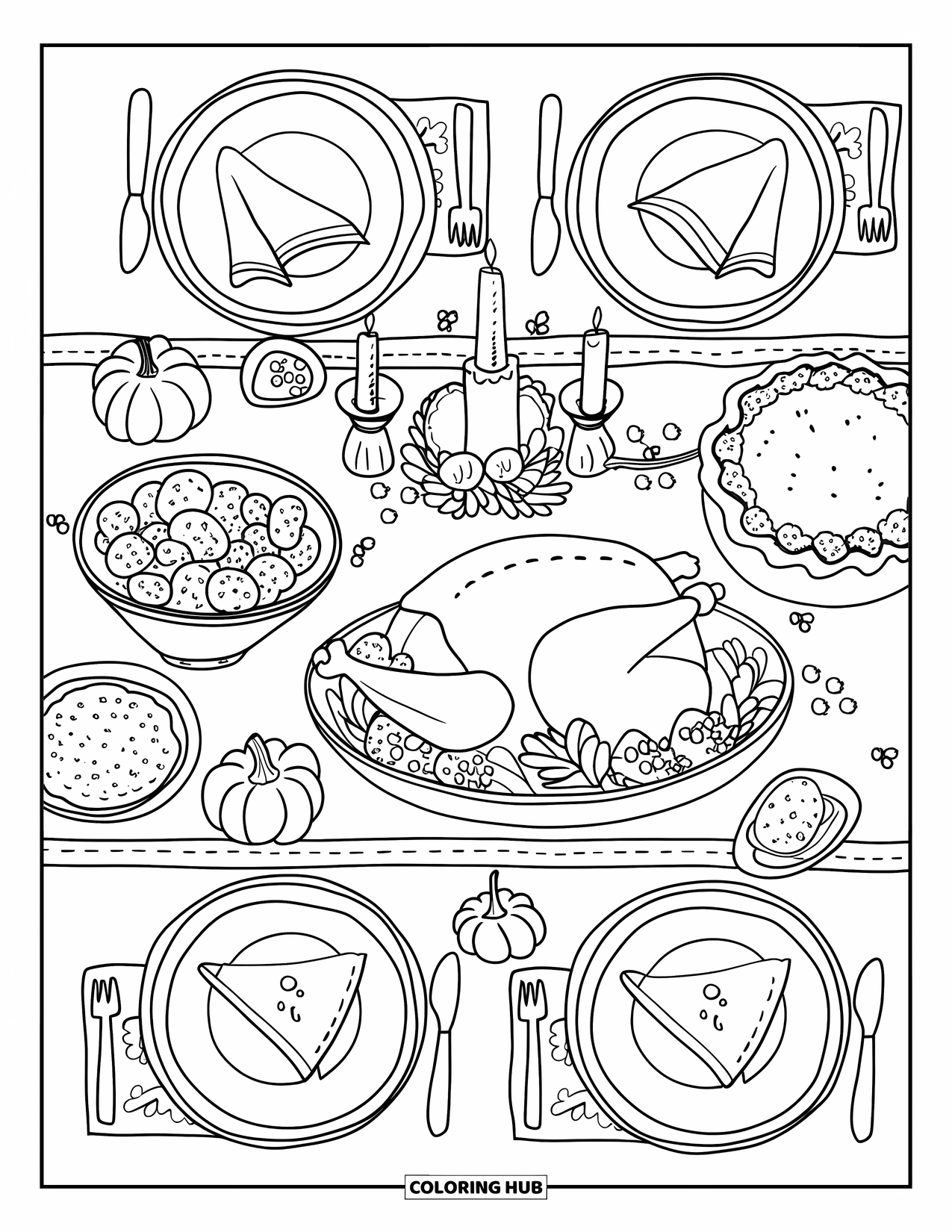 Herfst Kleurplaat voor Volwassenen: Een feestelijke tafel gedekt met kalkoen, aardappelpuree en warme herfstdecoraties