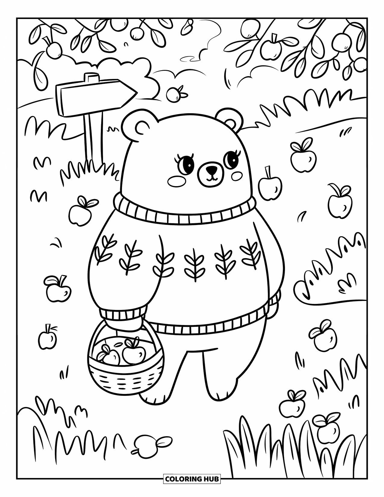 Herfst Kleurplaat voor Volwassenen: Een pluizige beer in een gezellige trui loopt door een boomgaard, met appels in zijn mand