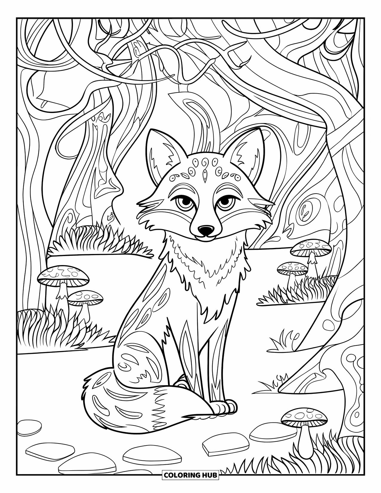 Herfst Kleurplaat voor Volwassenen: Een vos met gedetailleerde vachtmarkeringen zit in een mystiek bos met knoestige wortels