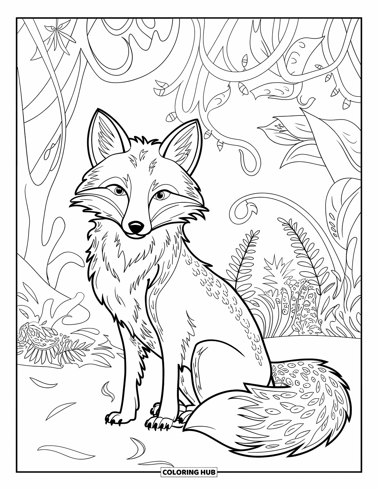 Herfst Kleurplaat voor Volwassenen: Een vos met ingewikkelde vachtpatronen zit in een betoverd bos van wervelende wijnranken