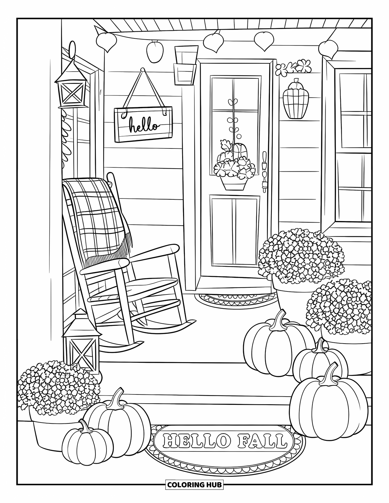 Herfst Kleurplaat voor Volwassenen: Een veranda vol met pompoenen, een geruite deken en een "Hallo Herfst"-bord