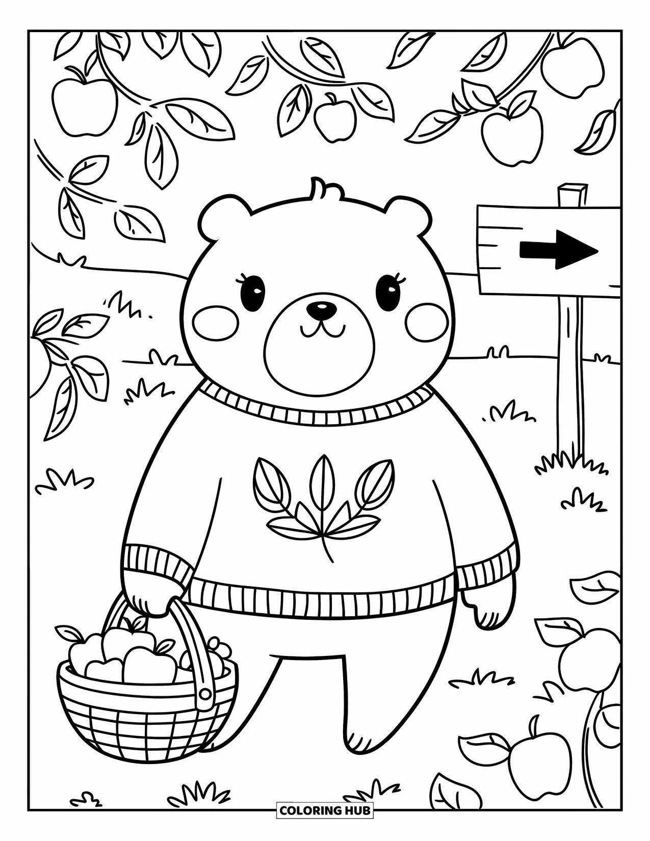 Herfst Kleurplaat voor Volwassenen: Een zachte beer in een warme trui wandelt langs een boomgaardbord, met verse appels