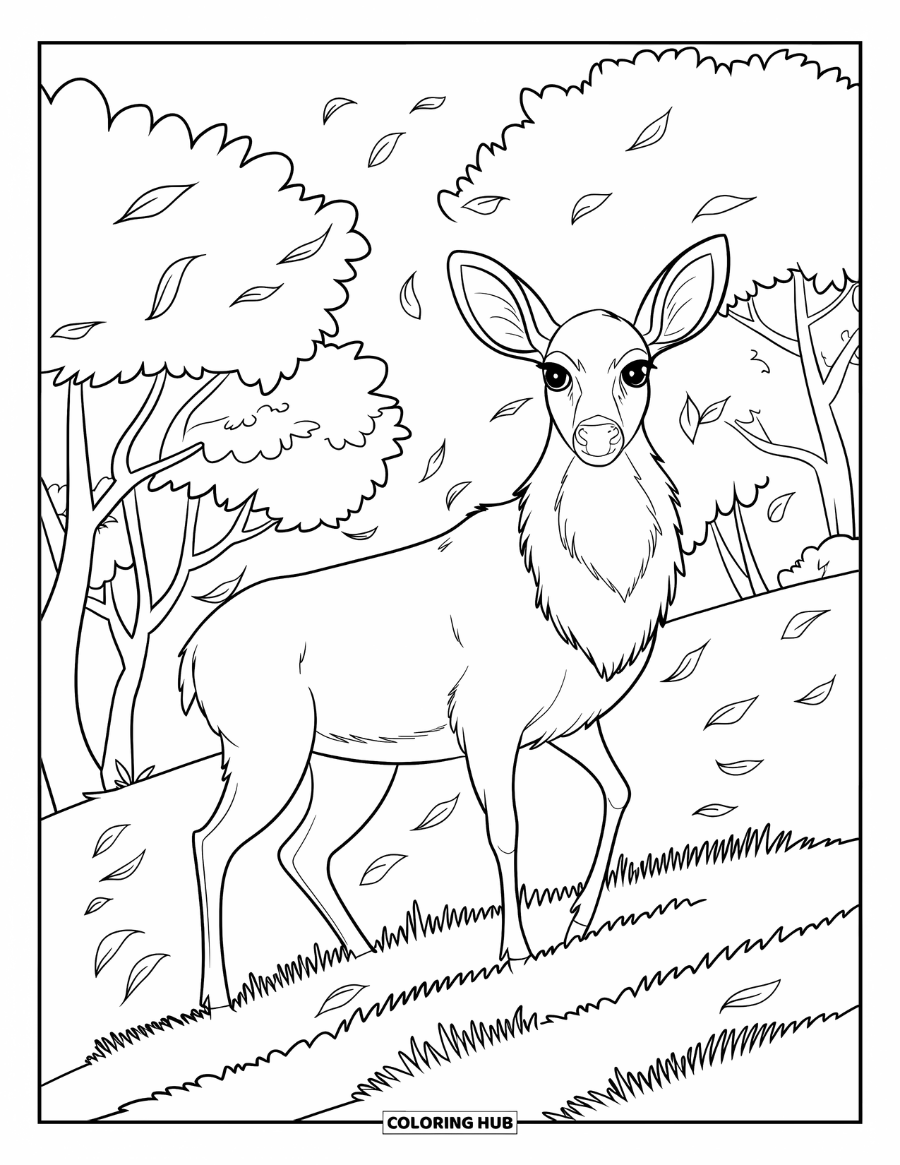 Herfst Kleurplaat voor Volwassenen: Een sierlijke hert met gedetailleerde geweien staat tegen een achtergrond van glooiende heuvels