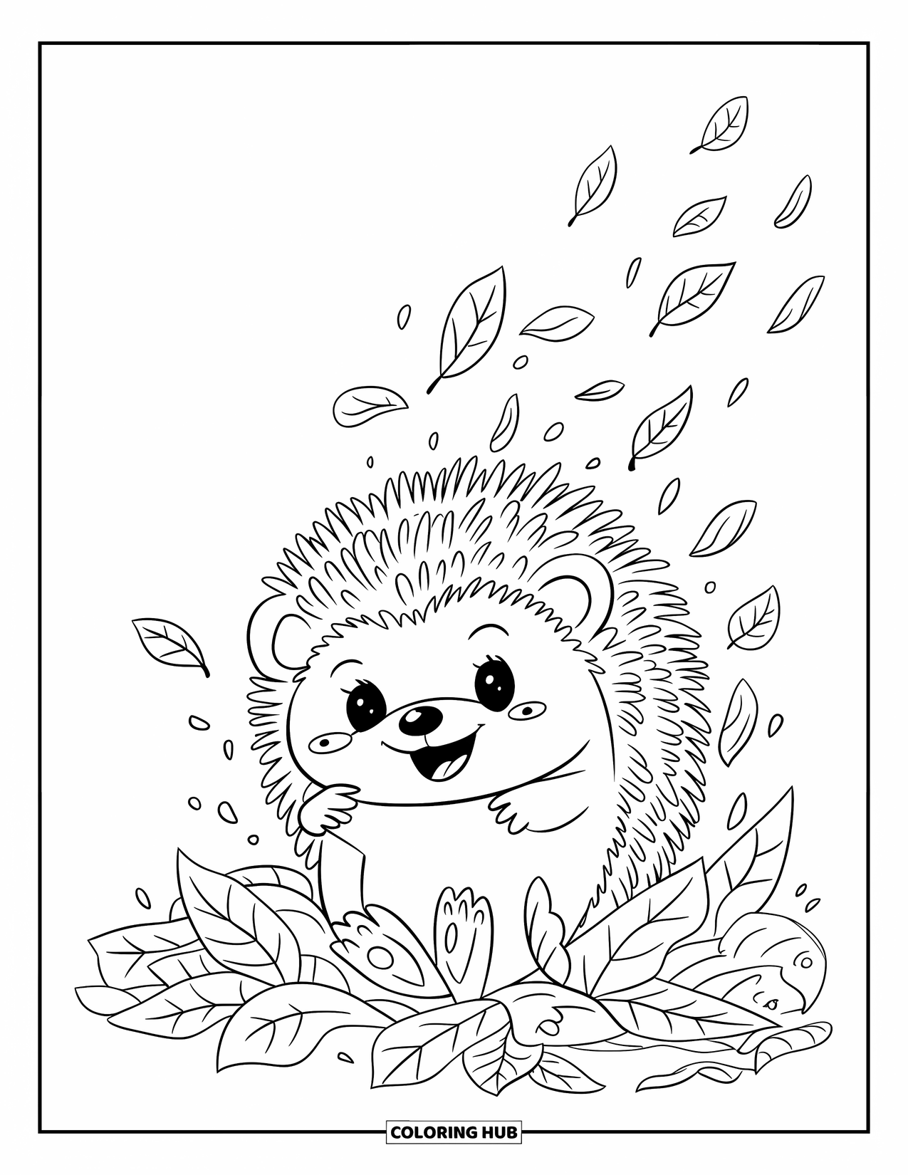 Herfst Kleurplaat voor Volwassenen: Een blije egel tuimelt door een stapel bladeren, kleine pootjes steken vrolijk uit