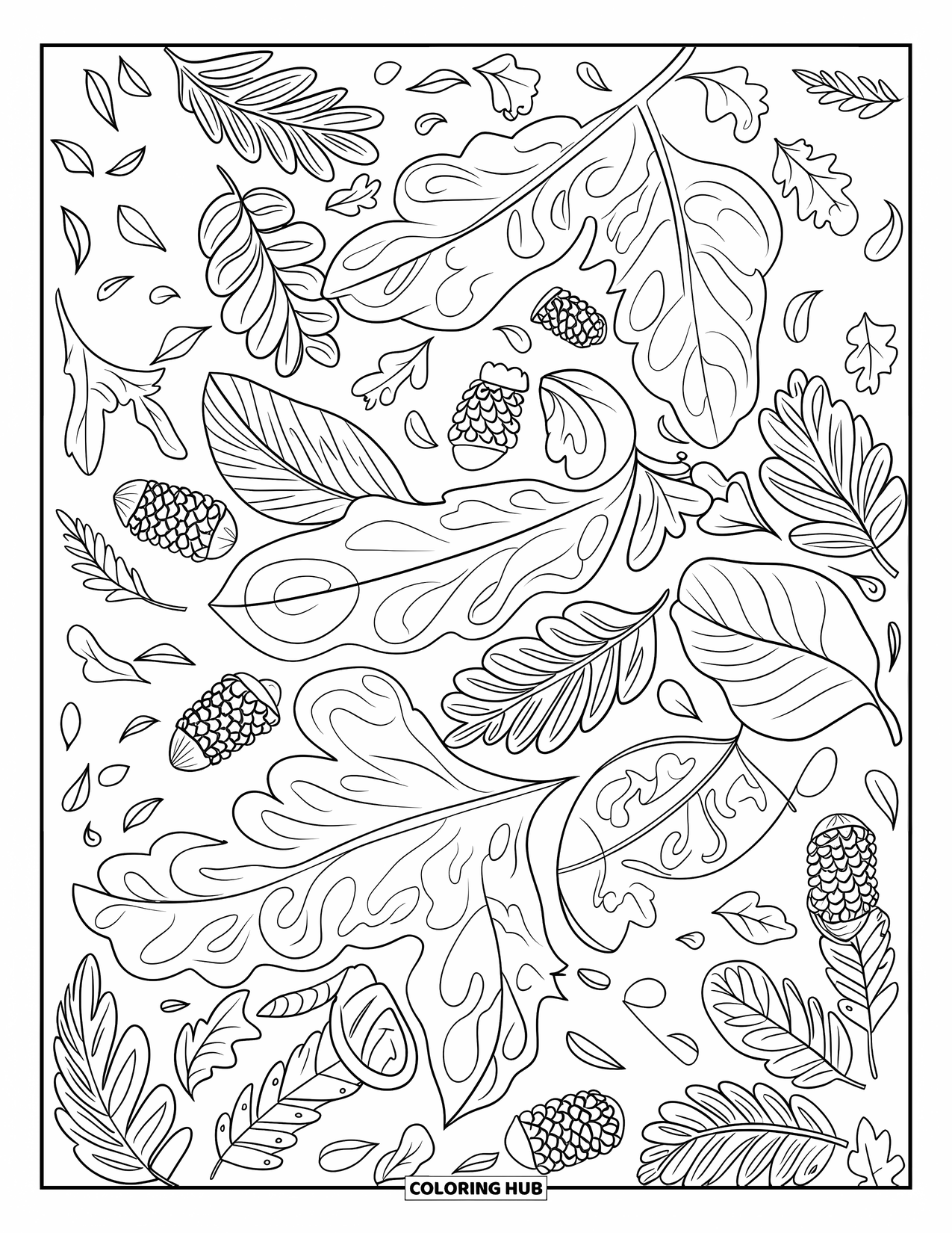 Herfst Kleurplaat voor Volwassenen: Een zeer gedetailleerde herfstcompositie van bladeren en verspreide eikels