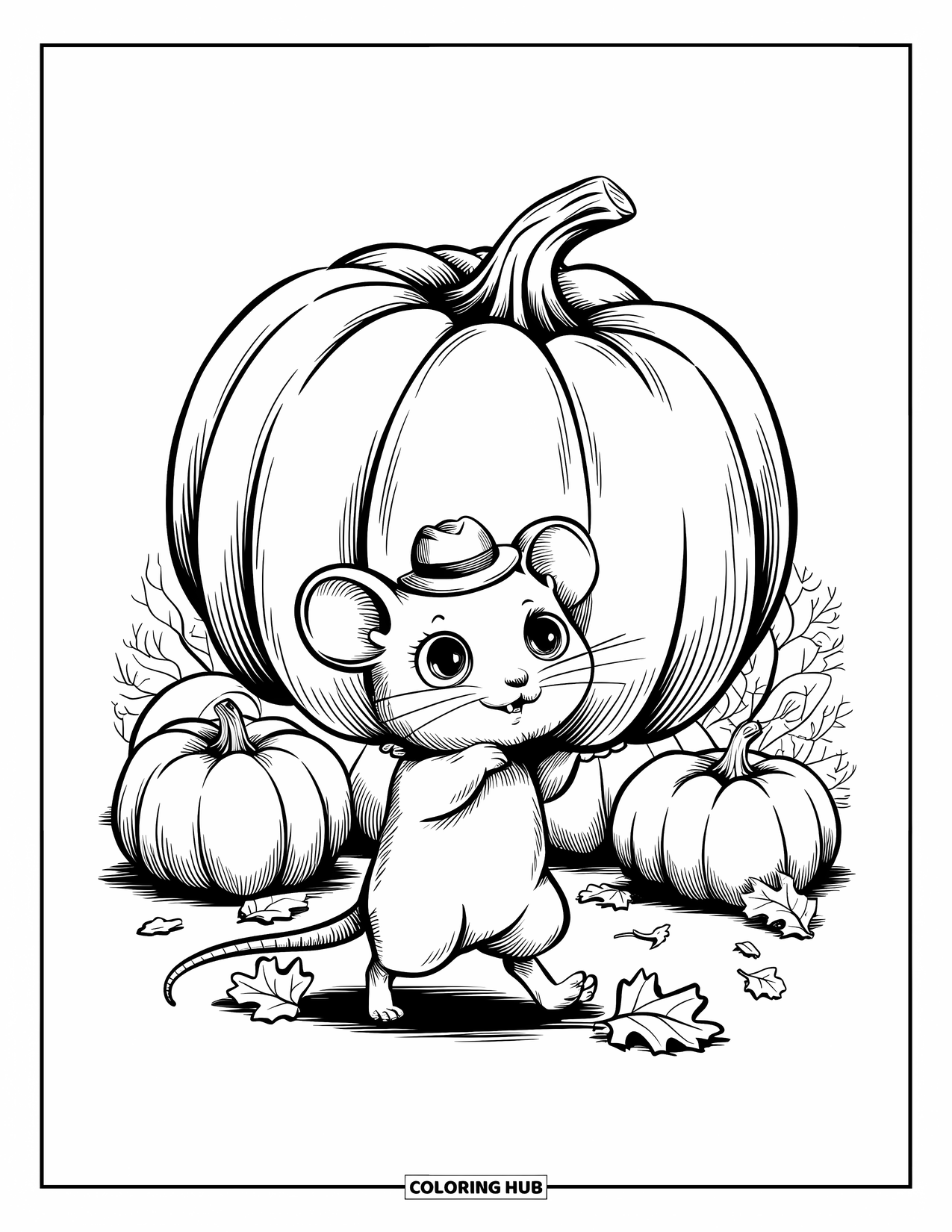 Herfst Kleurplaat voor Volwassenen: Een kleine muis houdt zich nauwelijks vast aan een pompoen, omringd door verspreide herfstbladeren