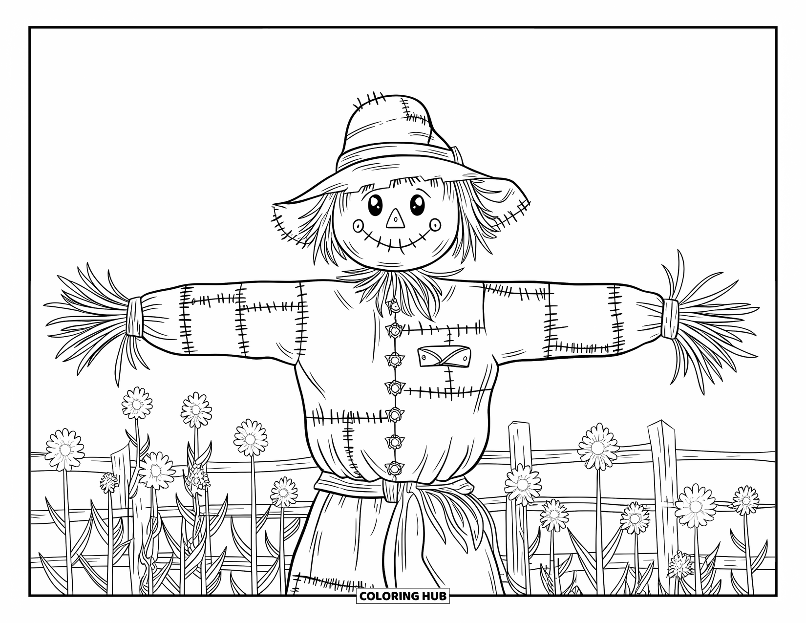 Herfst Kleurplaat voor Volwassenen: Een vogelverschrikker gekleed in lappendeken zwaait in een veld met gouden bloemen en herfstbriesjes