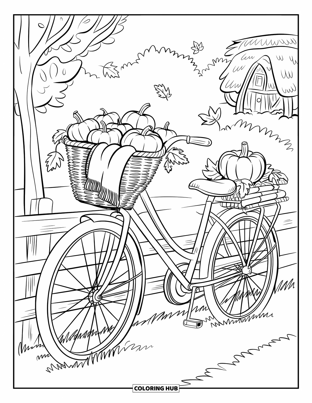 Herfst Kleurplaat voor Volwassenen: Een vredige herfstscène met een fiets en een gezellige deken over de mand gedrapeerd